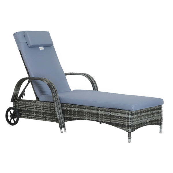 Famisati Wicker Outdoor Chaise Lounge, 5-Level Adjustable Backrest PE Rattan Pool Lounge Chair with Wheels, Cushion & Headrest, Mixed Gray and Gray