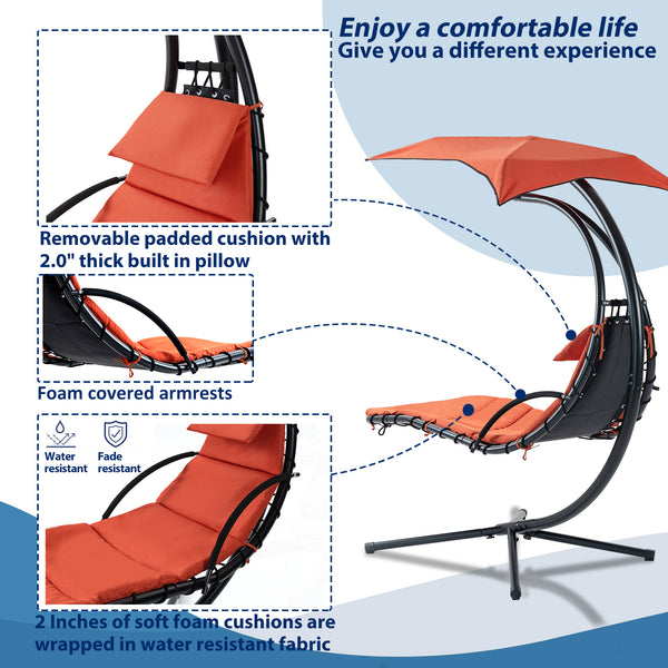 Famisati Hanging Chaise Lounger with Removable Canopy, Outdoor Swing Chair with Built-in Pillow, Hanging Curved Chaise Lounge Chair Swing for Patio Porch Poolside, Hammock Chair with Stand (Orange)