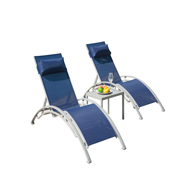 Famisati Pool Lounge Chairs Set of 3, Adjustable Aluminum Outdoor Chaise Lounge Chairs with Metal Side Table, All Weather for Deck Lawn Poolside Backyard (Blue, 2 Lounge Chirs+1 Table)