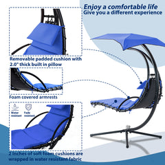 Famisati Hanging Chaise Lounger with Removable Canopy, Outdoor Swing Chair with Built-in Pillow, Hanging Curved Chaise Lounge Chair Swing for Patio Porch Poolside, Hammock Chair with Stand (Navt)