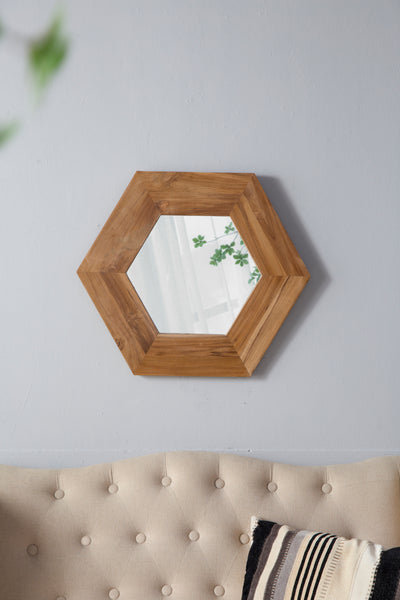 Famisati Wall decor mirror 18.5" x 18.5" Hexagon Mirror with Natural Wood Frame, Wall Decor for Living Room Bathroom Hallway,