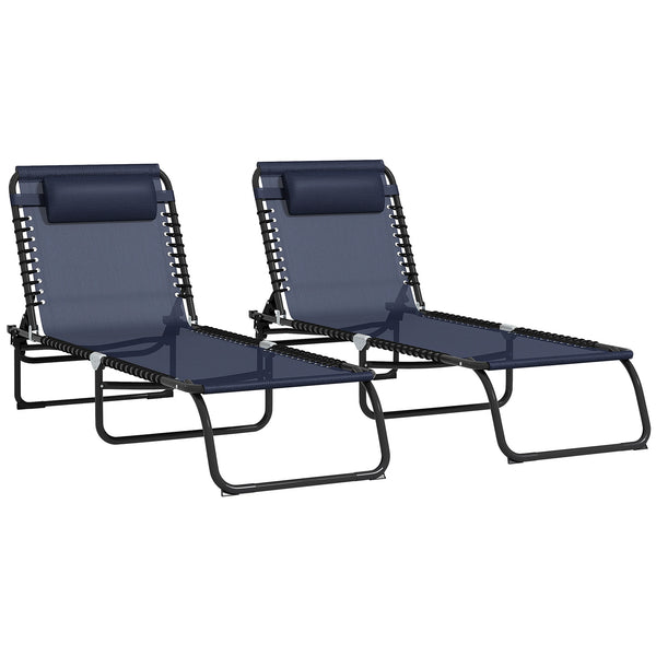 Famisati Folding Chaise Lounge Pool Chair Set of 2, Patio Sun Tanning Chair, Outdoor Lounge Chair w/ Reclining Back, Pillow, Breathable Mesh & Bungee Seat for Beach, Dark Blue