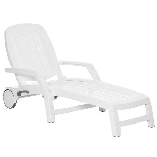 Famisati Outdoor Chaise Lounge Chair on Wheels with Storage Box, Waterproof Lounger with Quick Assembly, Folding Design, 5 Level Adjustable Backrest for Pool, Beach, Patio, Garden, White