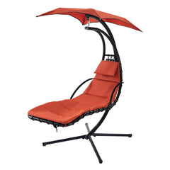 Famisati Hanging Chaise Lounger with Removable Canopy, Outdoor Swing Chair with Built-in Pillow, Hanging Curved Chaise Lounge Chair Swing for Patio Porch Poolside, Hammock Chair with Stand (Orange)