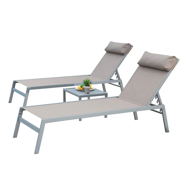 Famisati Patio Chaise Lounge Set of 3, Aluminum Lounge Chairs with 5 Adjustable Positions, Outdoor Chaise Lounge for Pool, Deck, Garden, Backyard, Sunbathing (Khaki,2 Lounge Chairs+1 Table)