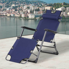 Famisati Tanning Chair, 2-in-1 Beach Lounge Chair & Camping Chair w/ Pillow & Pocket, Adjustable Chaise for Sunbathing Outside, Patio, Poolside, Navy