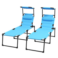 Attractiskin 2 Pcs Outdoor Lounge Chair, Adjustable Backrest Folding Chaise Lounge, Cushioned Tanning Chair w/Sunshade Roof & Pillow Headrest for Beach, Camping, Hiking, Light Blue