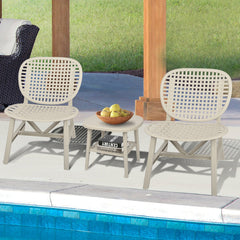 Attractiskin 3 Pieces Hollow Design Retro Patio Table Chair Set All Weather Conversation Bistro Set Outdoor Table with Open Shelf and Lounge Chairs with Widened Seat for Balcony Garden Yard White