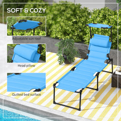 Famisati Outdoor Lounge Chair, Adjustable Backrest Folding Chaise Lounge, Cushioned Tanning Chair w/Sunshade Roof & Pillow Headrest for Beach, Camping, Hiking, Light Blue