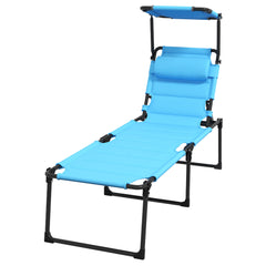 Famisati Outdoor Lounge Chair, Adjustable Backrest Folding Chaise Lounge, Cushioned Tanning Chair w/Sunshade Roof & Pillow Headrest for Beach, Camping, Hiking, Light Blue