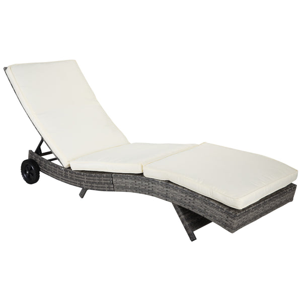 Famisati Wicker Chaise Lounge Pool Chair, Outdoor PE Rattan Cushioned Patio Sun Lounger w/ 5-Level Adjustable Backrest & Wheels for Easy Movement, Cream White