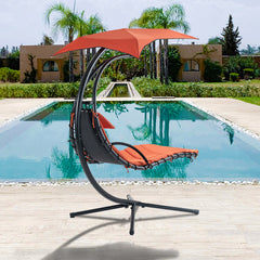 Famisati Hanging Chaise Lounger with Removable Canopy, Outdoor Swing Chair with Built-in Pillow, Hanging Curved Chaise Lounge Chair Swing for Patio Porch Poolside, Hammock Chair with Stand (Orange)