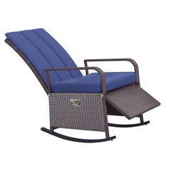 Famisati Wicker Outdoor Rocking Chair, Patio Recliner with Adjustment Backrest, PE Rattan Lounge Chair with Adjustable Footrest and Cushions for Garden, Backyard, Porch, Blue