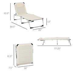 Famisati Foldable Outdoor Chaise Lounge Chair, 5-Level Reclining Camping Tanning Chair with Aluminum Frame, Padding, and Headrest for Beach, Yard, Patio, Pool, White