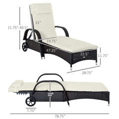 Famisati Wicker Outdoor Chaise Lounge, 5-Level Adjustable Backrest PE Rattan Pool Lounge Chair with Wheels, Cushion & Headrest, Dark Coffee and Cream White