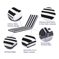 Attractiskin 2PCS Set Outdoor Lounge Chair Cushion Replacement Patio Funiture Seat Cushion Chaise Lounge Cushion-Black with White stripe