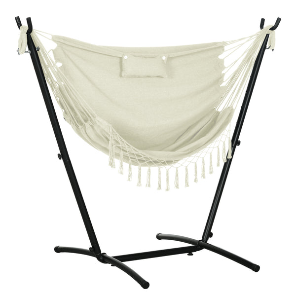 Famisati Patio Hammock Chair with Stand, Outdoor Hammock Swing Hanging Lounge Chair with Side Pocket and Headrest, Cream White