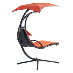 Famisati Hanging Chaise Lounger with Removable Canopy, Outdoor Swing Chair with Built-in Pillow, Hanging Curved Chaise Lounge Chair Swing for Patio Porch Poolside, Hammock Chair with Stand (Orange)