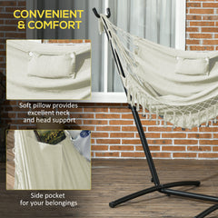 Famisati Patio Hammock Chair with Stand, Outdoor Hammock Swing Hanging Lounge Chair with Side Pocket and Headrest, Cream White