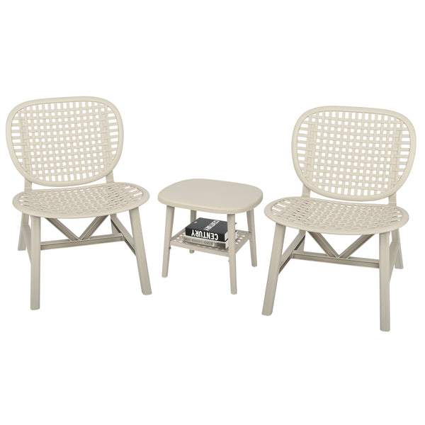 Attractiskin 3 Pieces Hollow Design Retro Patio Table Chair Set All Weather Conversation Bistro Set Outdoor Table with Open Shelf and Lounge Chairs with Widened Seat for Balcony Garden Yard White