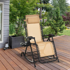 Famisati Outdoor Rocking Chairs, Foldable Reclining Zero Gravity Lounge Rocker w/ Pillow, Cup & Phone Holder, Combo Design w/ Folding Legs, Beige