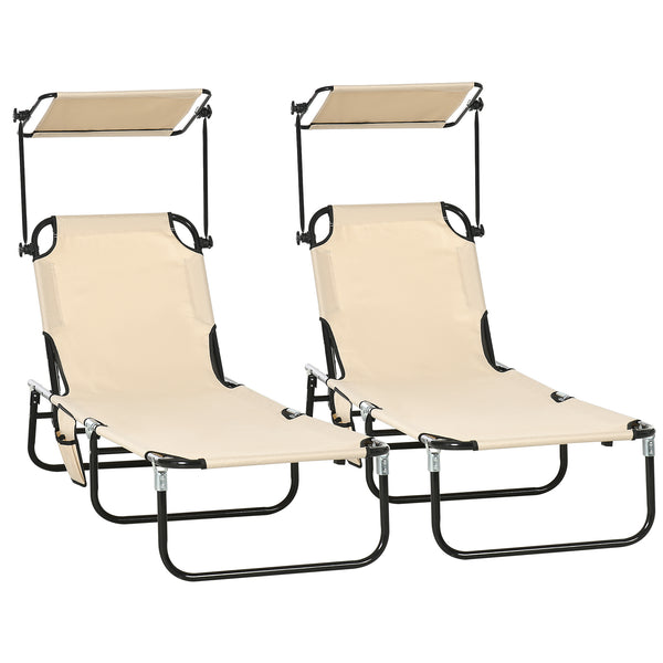 Famisati Folding Chaise Lounge Pool Chairs, Outdoor Sun Tanning Chairs with Canopy Shade, Reclining Back, Steel Frame and Side Pocket for Beach, Yard, Patio, Tan