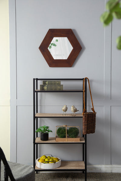 Famisati Wall decor mirror 18.5" x 18.5" Hexagon Mirror with Solid Wood Frame, Wall Decor for Living Room Bathroom Hallway, Dark Brown