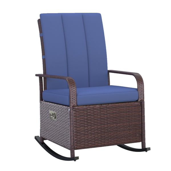 Famisati Wicker Outdoor Rocking Chair, Patio Recliner with Adjustment Backrest, PE Rattan Lounge Chair with Adjustable Footrest and Cushions for Garden, Backyard, Porch, Blue