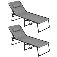 Famisati Folding Chaise Lounge Set with 5-level Reclining Back, Outdoor Lounge Tanning Chair with Padded Seat, Side Pocket & Headrest for Beach, Yard, Patio, Gray