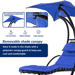 Famisati Hanging Chaise Lounger with Removable Canopy, Outdoor Swing Chair with Built-in Pillow, Hanging Curved Chaise Lounge Chair Swing for Patio Porch Poolside, Hammock Chair with Stand (Navt)