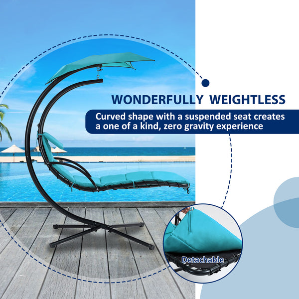 Famisati Hanging Chaise Lounger with Removable Canopy, Outdoor Swing Chair with Built-in Pillow, Hanging Curved Chaise Lounge Chair Swing for Patio Porch Poolside, Hammock Chair with Stand (Blue)