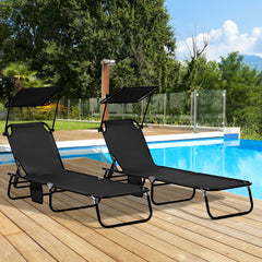 Famisati Folding Chaise Lounge Pool Chairs, Outdoor Sun Tanning Chairs with Canopy Shade, Reclining Back, Steel Frame and Side Pocket for Beach, Yard, Patio, Black