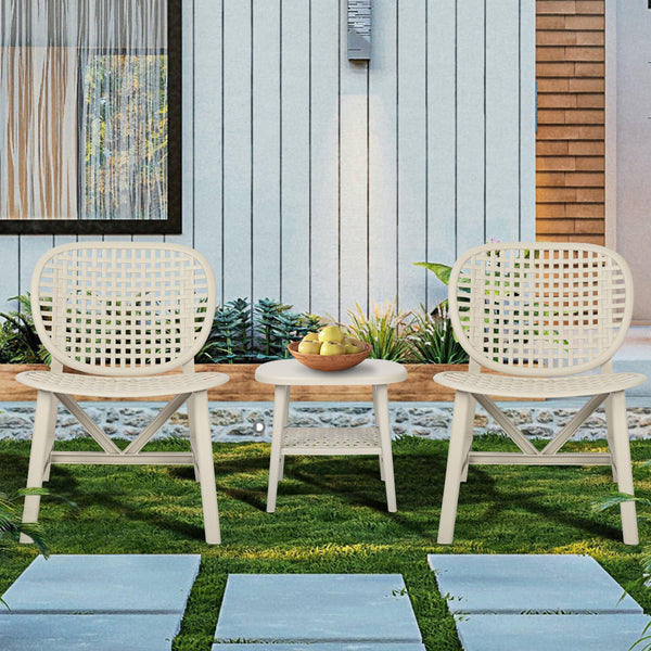 Attractiskin 3 Pieces Hollow Design Retro Patio Table Chair Set All Weather Conversation Bistro Set Outdoor Table with Open Shelf and Lounge Chairs with Widened Seat for Balcony Garden Yard White