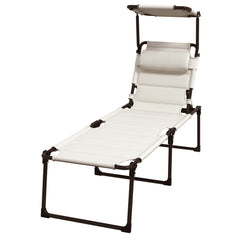 Famisati Outdoor Lounge Chair, Adjustable Backrest Folding Chaise Lounge, Cushioned Tanning Chair w/Sunshade Roof & Pillow Headrest for Beach, Camping, Hiking, Cream White