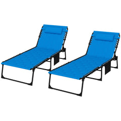 Famisati Folding Chaise Lounge Set with 5-level Reclining Back, Outdoor Lounge Tanning Chair with Padded Seat, Side Pocket & Headrest for Beach, Yard, Patio, Blue